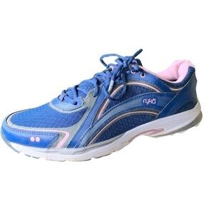 Ryka Sky Walk Leather Walking Sneakers Ladies Size 9.5 Navy Blue and Pink